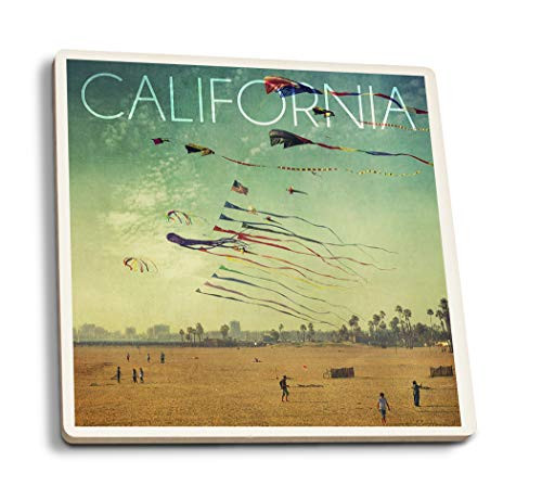 Lantern Press Kites and Beach -Set of 4 Ceramic Coasters Cork-Backed Absorbent-