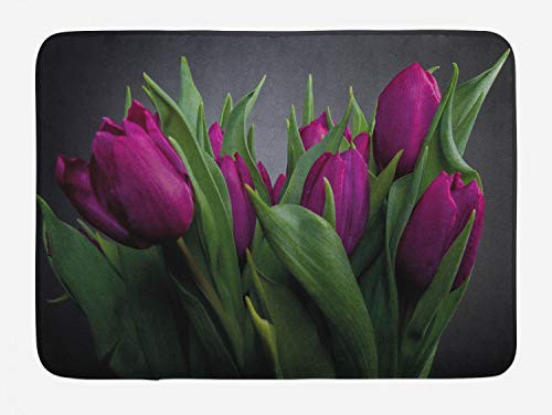 Lunarable Purple Tulip Bath Mat Flowers and Fresh Spring Leaves on Greyscale Ombre Background Plush Bathroom Decor Mat with Non Slip Backing 29.5" X 17.5" Purple Green Charcoal Grey
