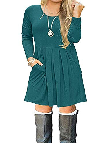AUSELILY Womens Plus Size Long Sleeve Pleated Causal Swing Dress with Pockets for Party -18W Dark Green-