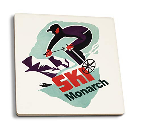 Lantern Press Monarch Mountain Colorado Vintage Skier 49944 -Set of 4 Ceramic Coasters Cork-Backed Absorbent-