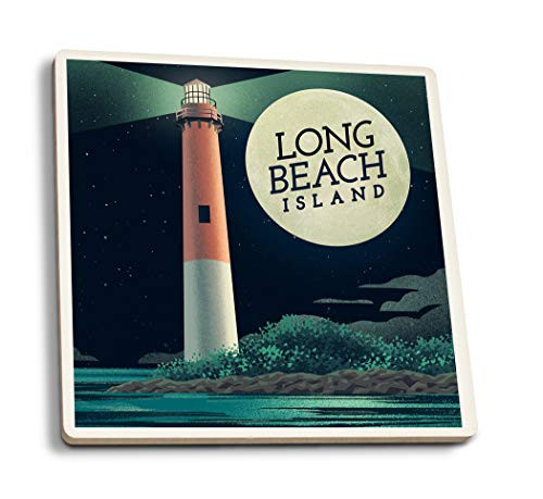 Lantern Press Long Beach Island New Jersey Beaming Lighthouse Collection Lighthouse and Moon 106174 -Set of 4 Ceramic Coasters Cork-Backed Absorbent- Lantern Press Long Beach Island New Jersey Beaming Lighthouse Collection Lighthouse and Moon 106174 -Set of 4 Ceramic Coasters Cork-Backed Absorbent-