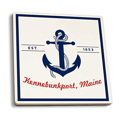 Lantern Press Kennebunkport Maine Blue and White Anchor Red Font 106300 -Set of 4 Ceramic Coasters Cork-Backed Absorbent-