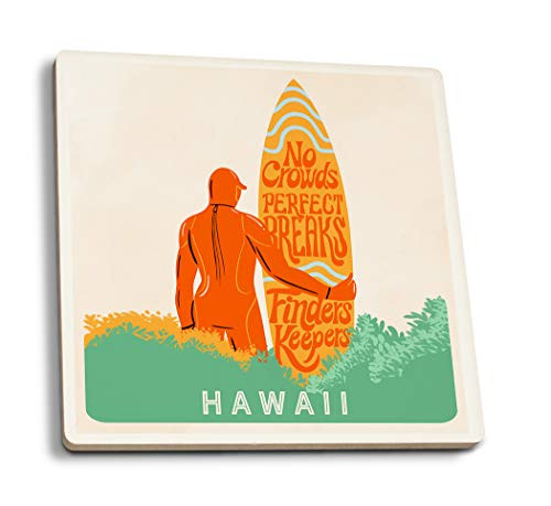 Lantern Press Hawaii Secret Surf Spot Surfer at The Beach Contour 109179 -Set of 4 Ceramic Coasters Cork-Backed Absorbent-