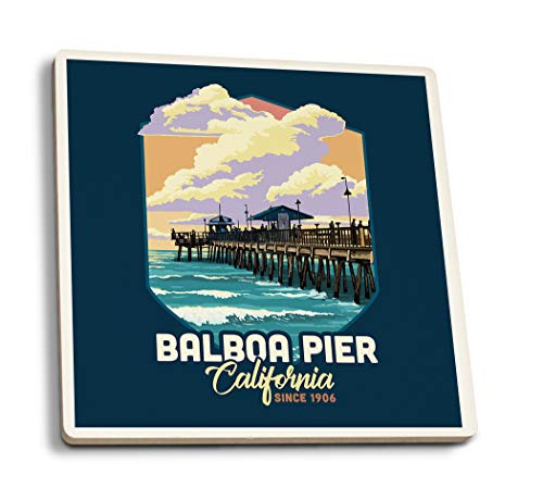 Lantern Press Balboa California Balboa Pier Since 1906 Pier and Sunset Contour 98623 -Set of 4 Ceramic Coasters Cork-Backed Absorbent-
