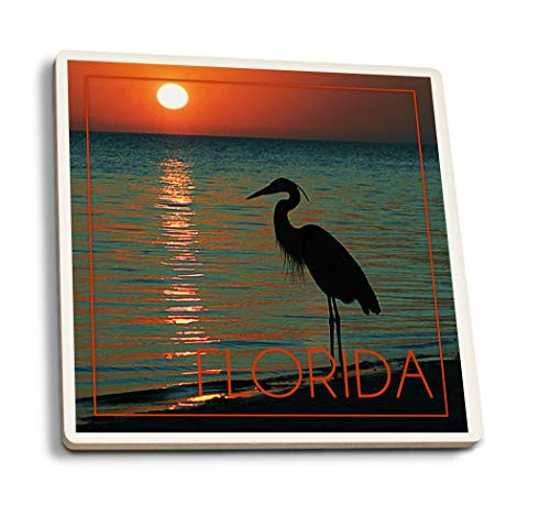 Lantern Press Florida Heron and Sunset 50692 -Set of 4 Ceramic Coasters Cork-Backed Absorbent-