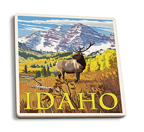 Lantern Press Idaho Elk and Lake 99287 -Set of 4 Ceramic Coasters Cork-Backed Absorbent- Lantern Press Idaho Elk and Lake 99287 -Set of 4 Ceramic Coasters Cork-Backed Absorbent-