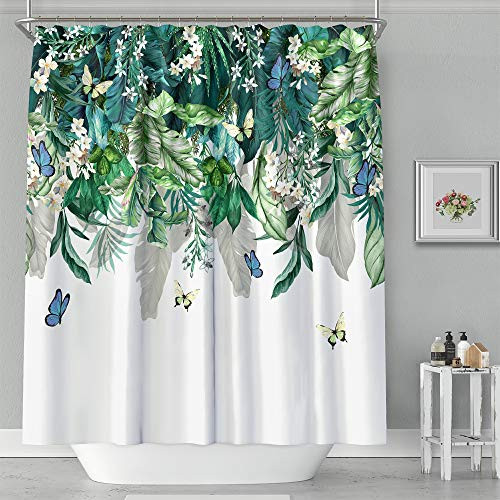 Shower Curtain - Print Polyester Fabric Waterproof Shower Curtain by iLiveX Machine Washable Hooks Included Bathroom Decoration 72"x72" Green Palm Leaf