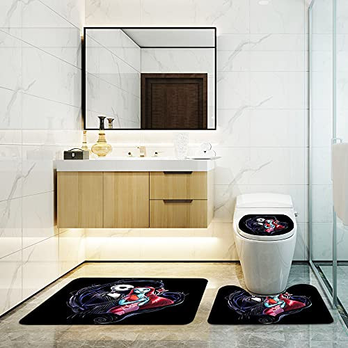 Jack and Sally Loverly Bathroom Rugs and Mats Sets 3 Piece Nightmare Before Christmas Memory Foam Bath Mat U-Shaped Contour Shower Mat Non Slip Absorbent Velvet Toilet Lid Cover Washable Black
