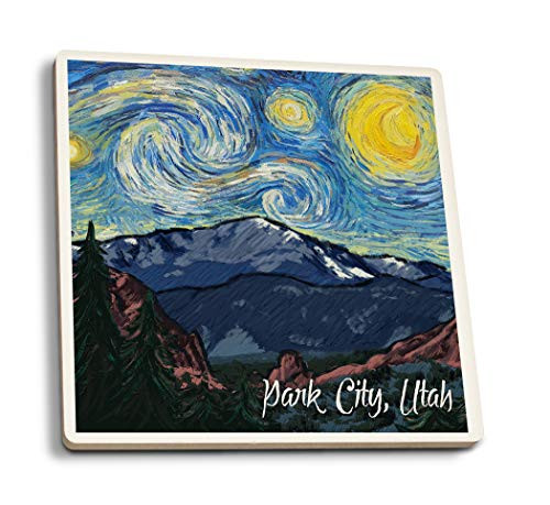 Lantern Press Park City Utah Mountain Peak Starry Night 100621 -Set of 4 Ceramic Coasters Cork-Backed Absorbent-