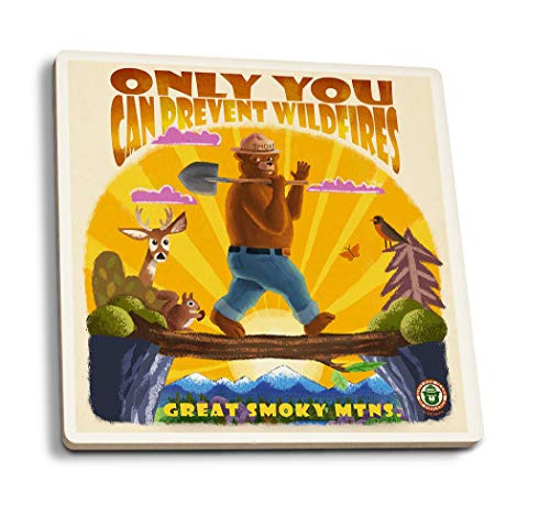 Lantern Press Great Smoky Mountains Smokey Bear Mid-Century Inspired 91169 -Set of 4 Ceramic Coasters Cork-Backed Absorbent- Lantern Press Great Smoky Mountains Smokey Bear Mid-Century Inspired 91169 -Set of 4 Ceramic Coasters Cork-Backed Absorbent-