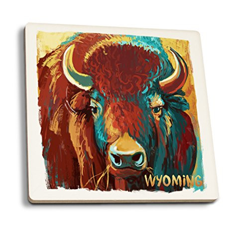 Lantern Press Wyoming Bison Vivid -Set of 4 Ceramic Coasters Cork-Backed Absorbent-