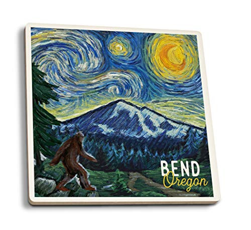 Lantern Press Bend Oregon Bigfoot Starry Night 109350 -Set of 4 Ceramic Coasters Cork-Backed Absorbent-