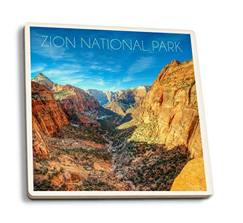 Lantern Press Zion National Park Utah Canyon and Blue Sky 68527 -Set of 4 Ceramic Coasters Cork-Backed Absorbent-