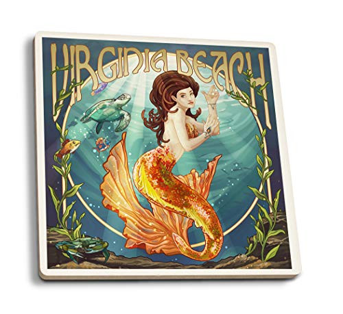 Lantern Press Virginia Beach Virginia Mermaid 98838 -Set of 4 Ceramic Coasters Cork-Backed Absorbent-
