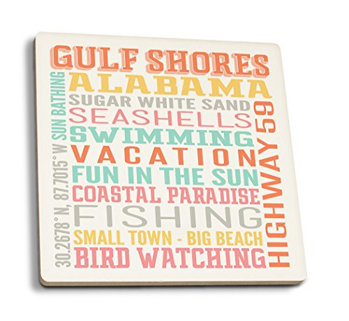 Lantern Press Gulf Shores Alabama Typography -Set of 4 Ceramic Coasters Cork-Backed Absorbent-
