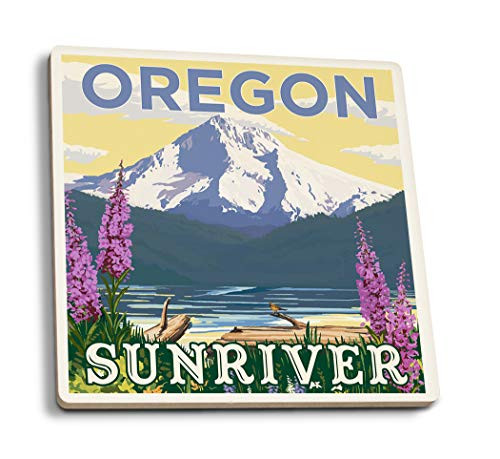 Lantern Press Sunriver Oregon Mountain and Lake Scene 90649 -Set of 4 Ceramic Coasters Cork-Backed Absorbent-