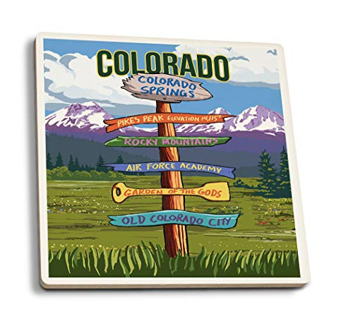 Lantern Press Colorado Springs Colorado Destination Signpost 98404 -Set of 4 Ceramic Coasters Cork-Backed Absorbent-