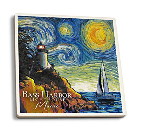 Lantern Press Maine Bass Harbor Lighthouse Starry Night 95834 -Set of 4 Ceramic Coasters Cork-Backed Absorbent-