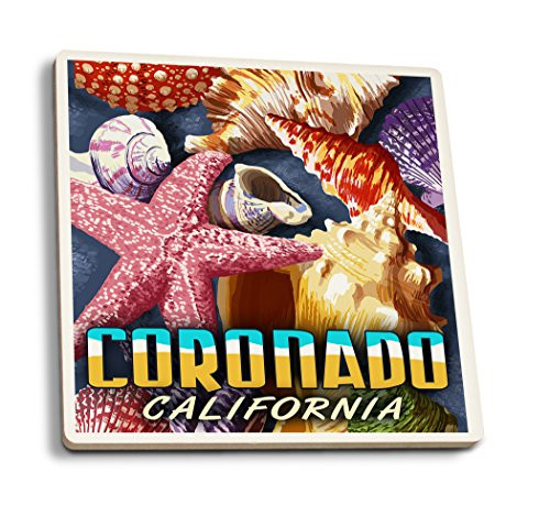 Lantern Press Coronado California Shell Montage -Set of 4 Ceramic Coasters Cork-Backed Absorbent-