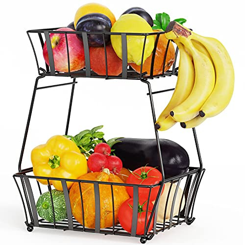 Fruit Basket GSlife 2 Tier Fruit Bowl with Banana Hanger Detachable Fruit Vegetable Storage Basket for Kitchen Counter Pantry Cabinet Small Black