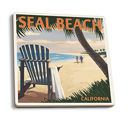 Lantern Press Seal Beach California Adirondack Chairs and Sunset -Set of 4 Ceramic Coasters Cork-Backed Absorbent-