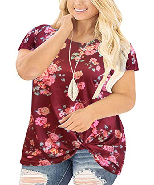 CARCOS 3X Plus Size Tops for Women Floral Print Tunics Twist Knotted Short Sleeve Summer Shirts Crewneck Blouses Casual Wine Red Tunics 3XL 22W 24W