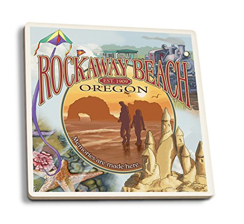 Lantern Press Rockaway Beach Oregon Views -Set of 4 Ceramic Coasters Cork-Backed Absorbent-