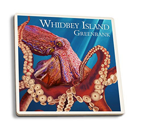 Lantern Press Greenbank Whidbey Island Washington Red Octopus -Set of 4 Ceramic Coasters Cork-Backed Absorbent-