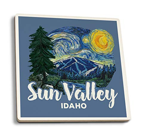 Lantern Press Sun Valley Idaho Bald Mountain Starry Night Contour 98628 -Set of 4 Ceramic Coasters Cork-Backed Absorbent-