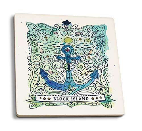 Lantern Press Block Island Rhode Island Watercolor Nautical Art 98020 -Set of 4 Ceramic Coasters Cork-Backed Absorbent-