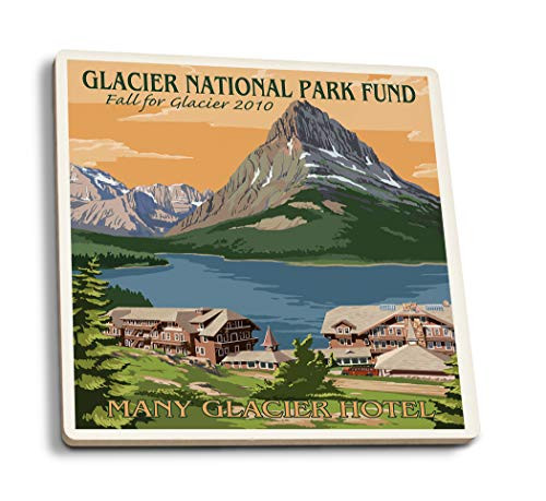 Lantern Press Glacier National Park Fund Many Glacier Hotel 34175 -Set of 4 Ceramic Coasters Cork-Backed Absorbent-