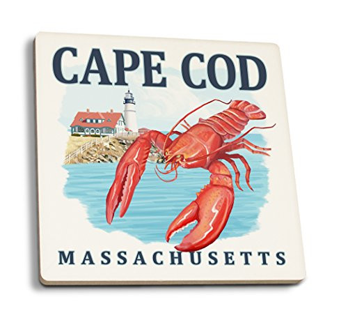 Lantern Press Cape Cod Massachusetts Lobster and Lighthouse -Set of 4 Ceramic Coasters Cork-Backed Absorbent-