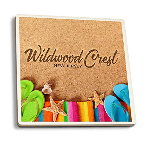 Lantern Press Wildwood Crest New Jersey Flip Flops on Beach 108232 -Set of 4 Ceramic Coasters Cork-Backed Absorbent-
