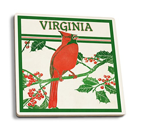 Lantern Press Virginia Cardinal Perched on a Holly Branch -Set of 4 Ceramic Coasters Cork-Backed Absorbent-