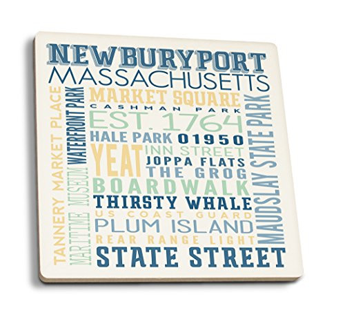 Lantern Press Newburyport Massachusetts Typography -Set of 4 Ceramic Coasters Cork-Backed Absorbent-