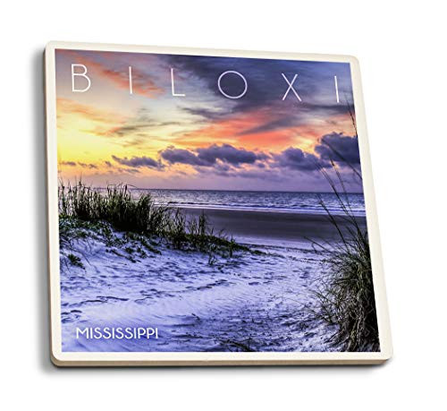 Lantern Press Biloxi Mississippi Sunrise Beach Scene -Set of 4 Ceramic Coasters Cork-Backed Absorbent-