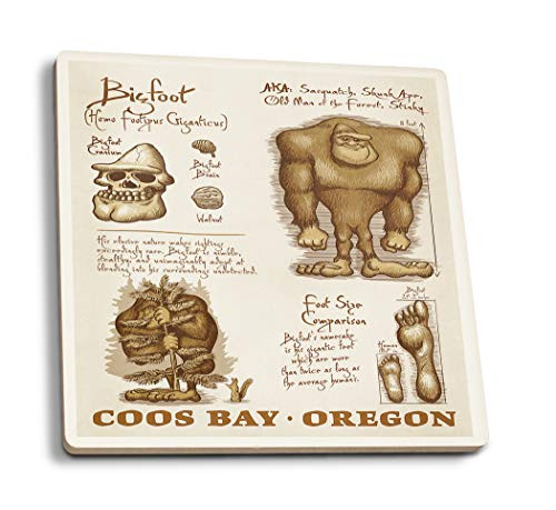 Lantern Press Coos Bay Oregon Bigfoot da Vinci 108941 -Set of 4 Ceramic Coasters Cork-Backed Absorbent-