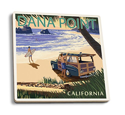 Lantern Press Dana Point California Woody on Beach -Palm Tree Version- -Set of 4 Ceramic Coasters Cork-Backed Absorbent-