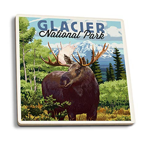Lantern Press Glacier National Park Montana Moose and Mountain Landscape 108456 -Set of 4 Ceramic Coasters Cork-Backed Absorbent- Lantern Press Glacier National Park Montana Moose and Mountain Landscape 108456 -Set of 4 Ceramic Coasters Cork-Backed Absorbent-