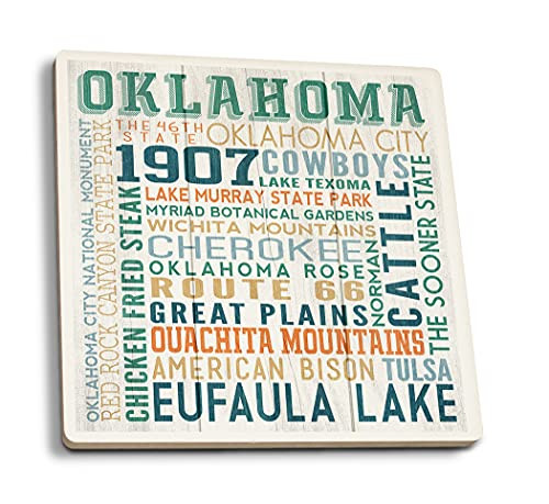 Lantern Press Oklahoma Rustic Typography 66559 -Set of 4 Ceramic Coasters Cork-Backed Absorbent-