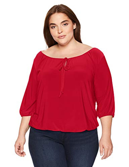 Star Vixen Women's Plus-Size 3-4 Sleeve Peasant Elastic-Hem Keyhole-Tie Top red 1X