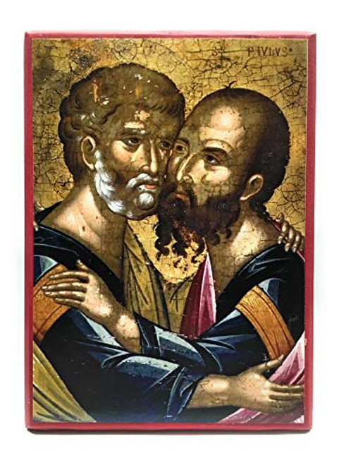 Wooden Greek Orthodox Christian Icon Saints Apostles Peter and Paul Embracing -5.5" x 7.5"- Wooden Greek Orthodox Christian Icon Saints Apostles Peter and Paul Embracing -5.5" x 7.5"-