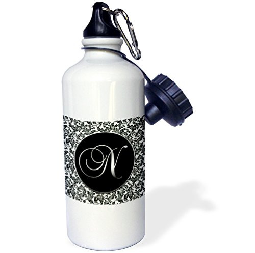 3dRose "Letter N Black and White Damask" Sports Water Bottle 21 oz White