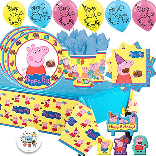 Another Dream Peppa Pig Birthday Party Pack for 16 with Plates, Napkins, Cups, Tablecover, Candles, 6 Balloons, and Exclusive Birthday Pin