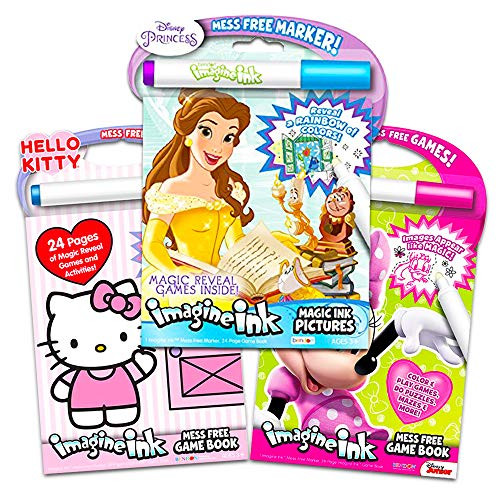 Bundle of 3 Imagine Ink Mess Free Game Books - Hello Kitty, Minnie Mouse, and Princess