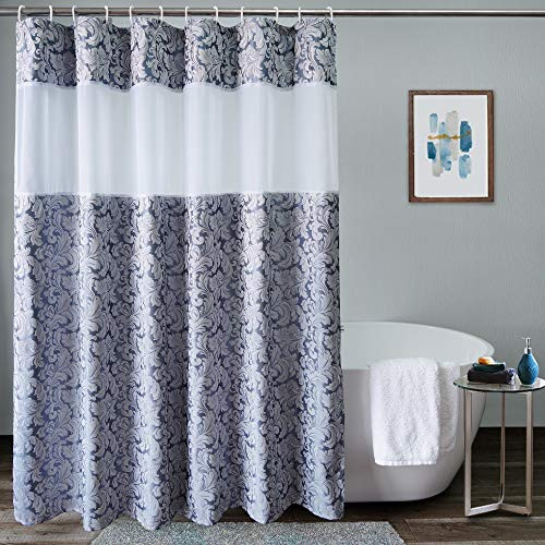UFRIDAY Damask Decor Fabric Shower Curtain Easy Care Floral Bathroom Curtain with Light Filtering Mesh Window Waterproof and Machine Washable Weighted Bottom Hem 72x75 Inches Gray Blue