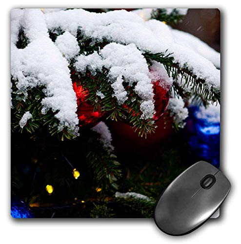 3dRose Spruce Tree Branch in Snow. Red Blue Ornament Balls Yellow Lights - Mouse Pads -mp_340388_1-