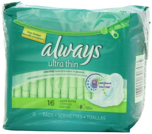 Always Ultra Thin Unscented Pads with Wings Long-Super 16 Count -Pack of 4-