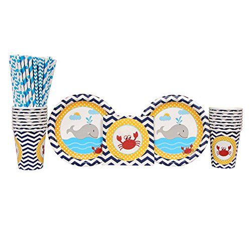 Ahoy Matey Party SuppliesPack for 16 Guests: Straws, Dessert Plates, Cups, and Beverage Napkins, Nautical Party