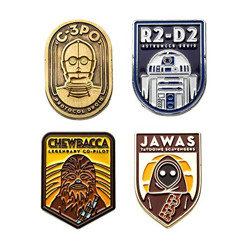 Star Wars Jewelry Unisex Adult R2-D2 C-3PO Chewbacca and Jawa Base Metal Lapel Pin Set -4 Piece- Gold-Blue One Size